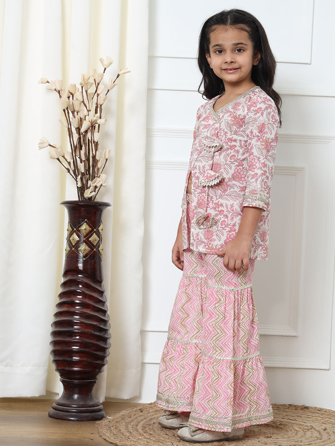 A Line Style Cotton Fabric Pink Color Kurti With Sharara