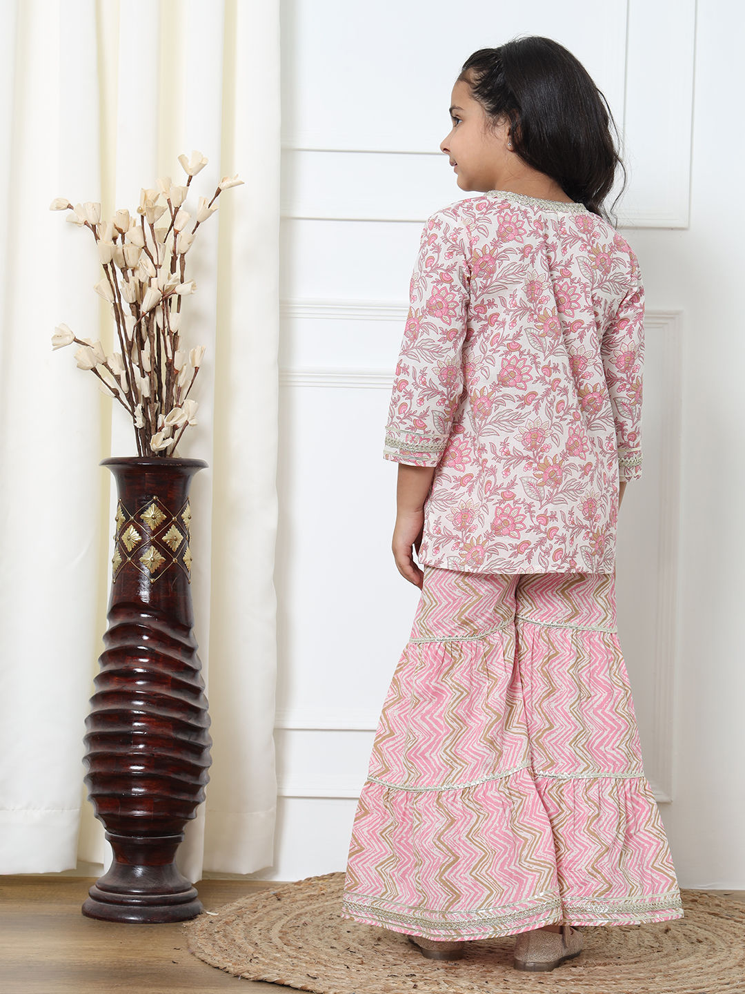 A Line Style Cotton Fabric Pink Color Kurti With Sharara