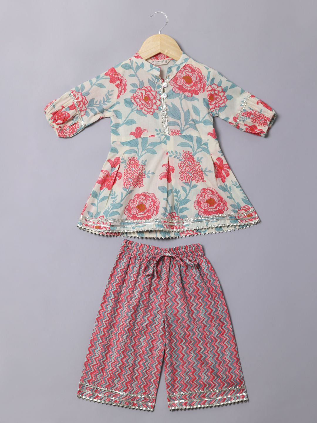 Frock Style Cotton Fabric Pink Color Kurti With Palazzo