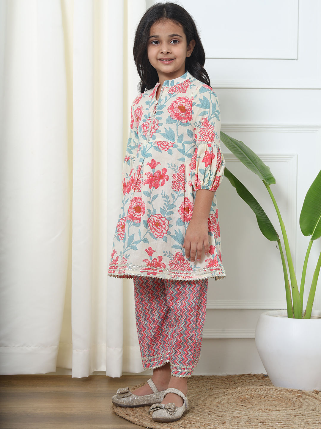 Frock Style Cotton Fabric Pink Color Kurti With Palazzo