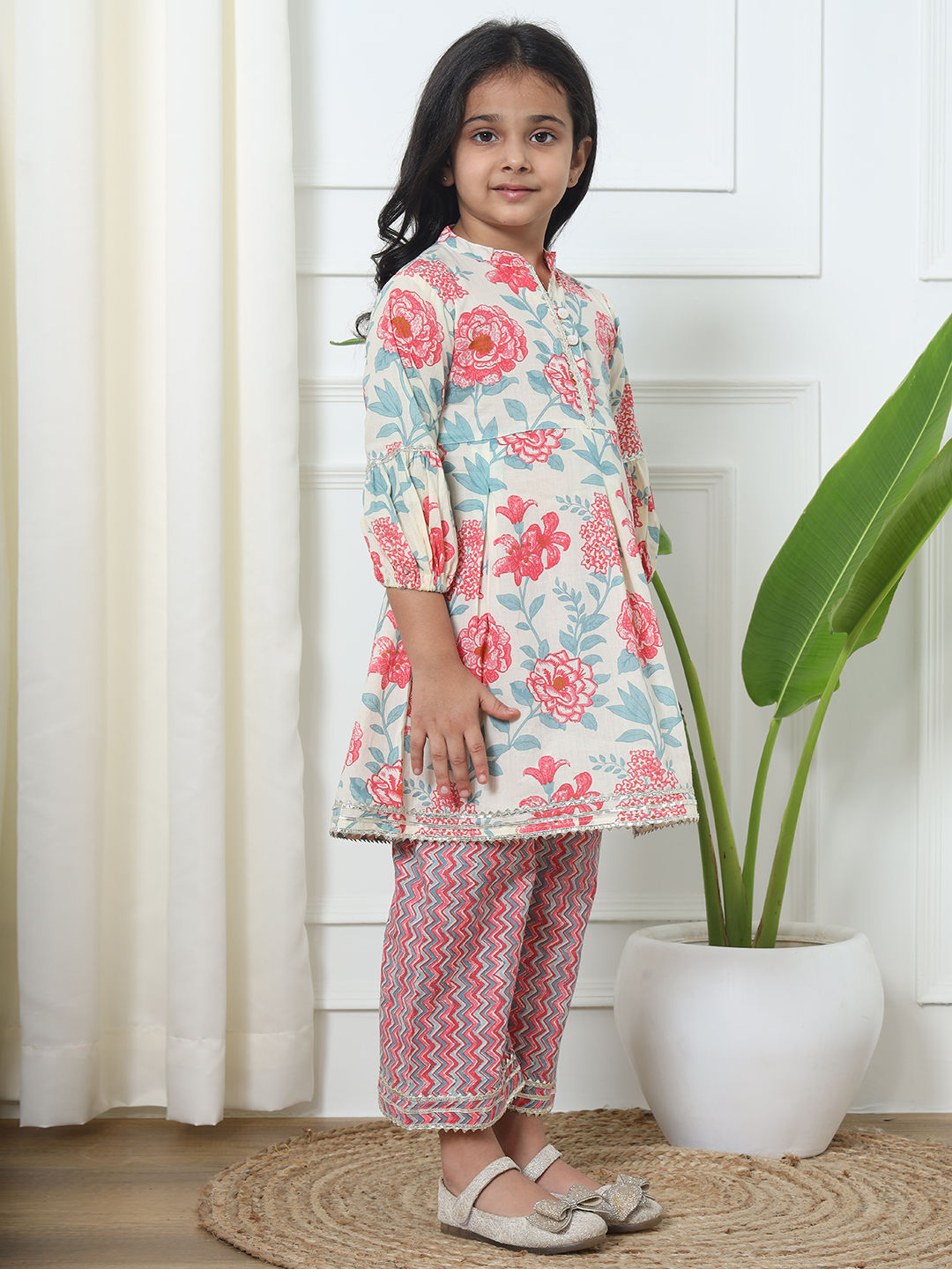 Frock Style Cotton Fabric Pink Color Kurti With Palazzo