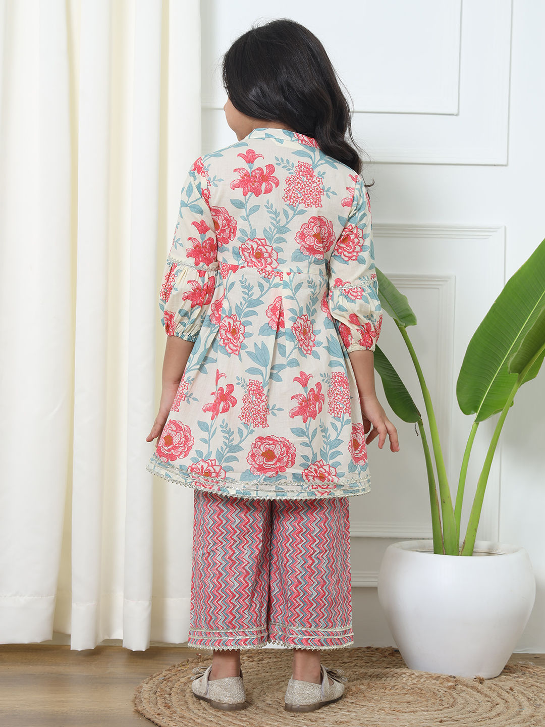 Frock Style Cotton Fabric Pink Color Kurti With Palazzo