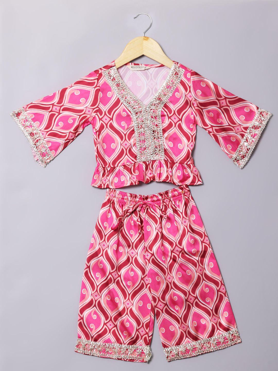 Straight Style Satin Fabric Pink Color Top With Palazzo