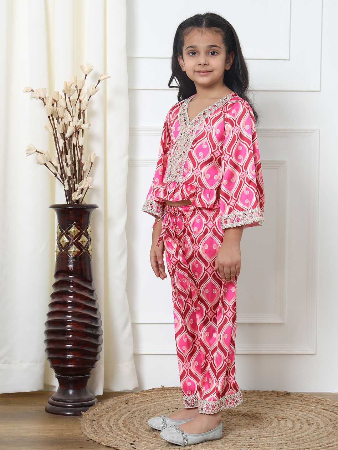 Straight Style Satin Fabric Pink Color Top With Palazzo