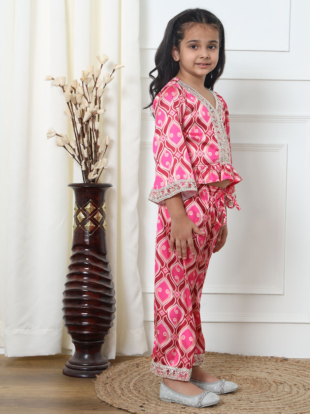 Straight Style Satin Fabric Pink Color Top With Palazzo