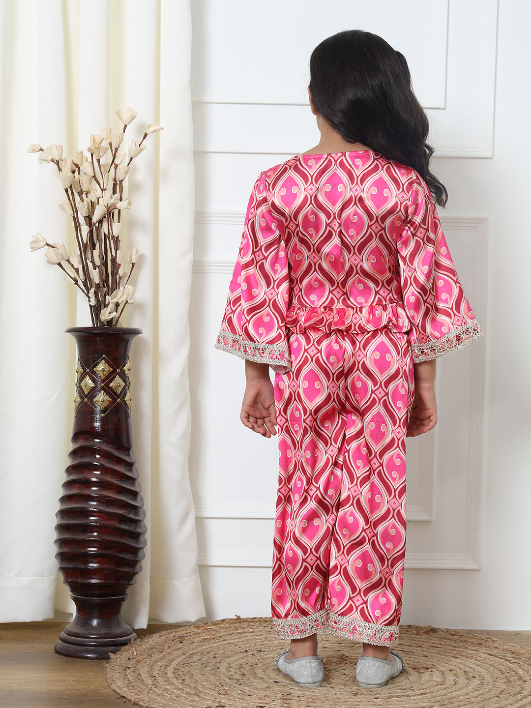 Straight Style Satin Fabric Pink Color Top With Palazzo