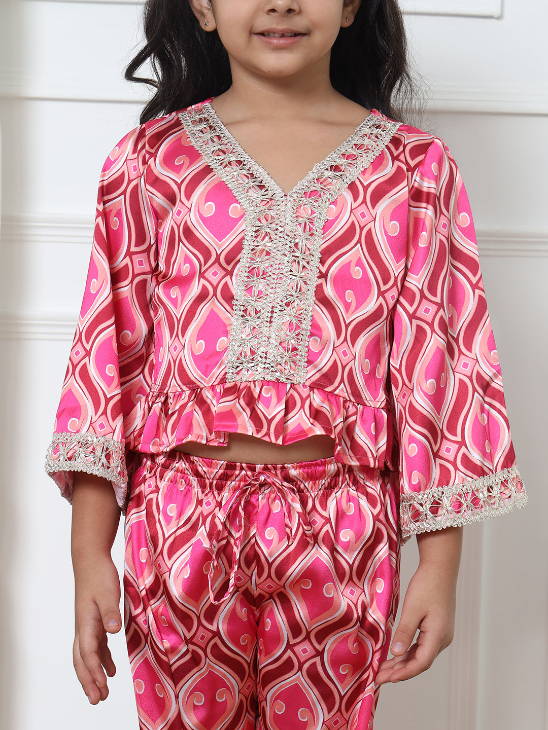 Straight Style Satin Fabric Pink Color Top With Palazzo