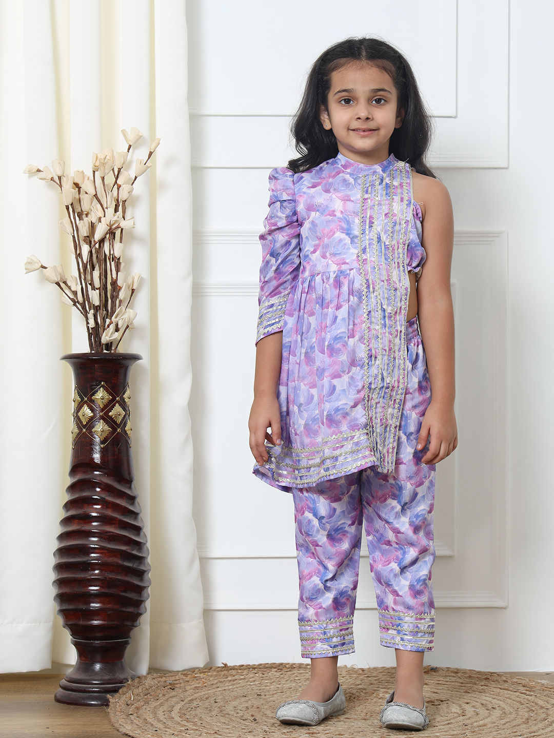 Frock Style Chinnon Fabric Blue Color Kurti With Pyjama