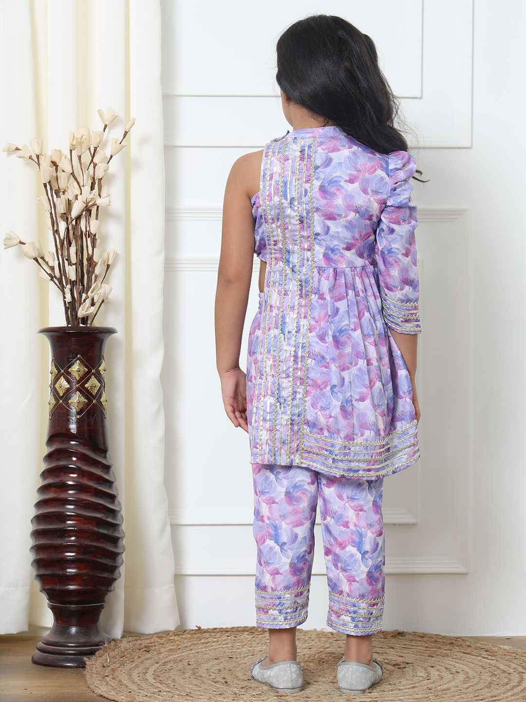 Frock Style Chinnon Fabric Blue Color Kurti With Pyjama