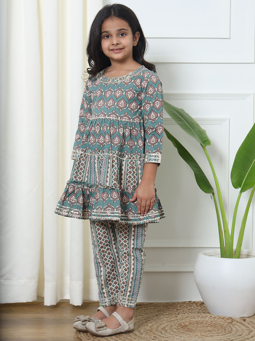 Frock Style Cotton Fabric Teal Color Kurti And Pyjama