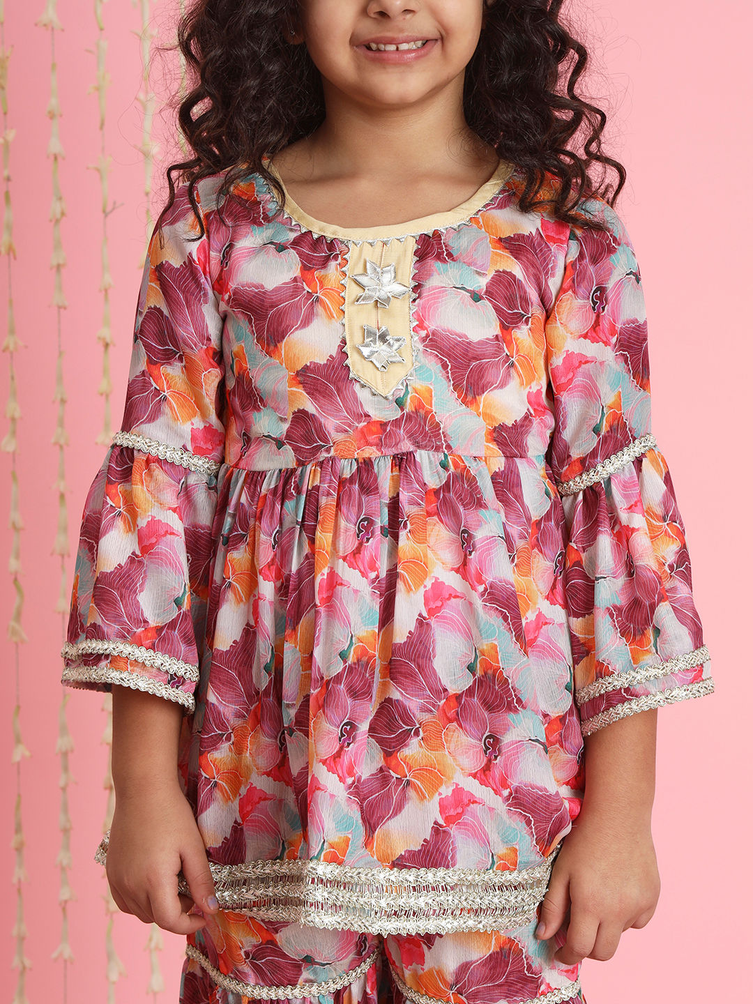 Frock Style Chinnon Fabric Purple Color Kurti And Sharara