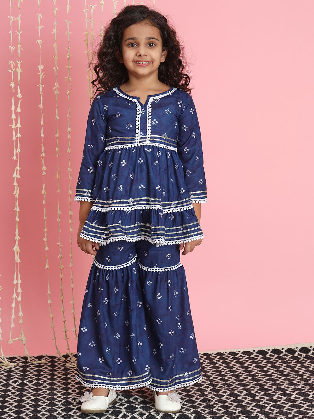 Frock Style Cotton Fabric Blue Color Kurti And Sharara