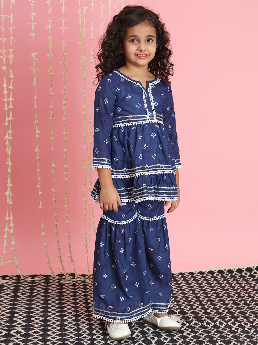 Frock Style Cotton Fabric Blue Color Kurti And Sharara