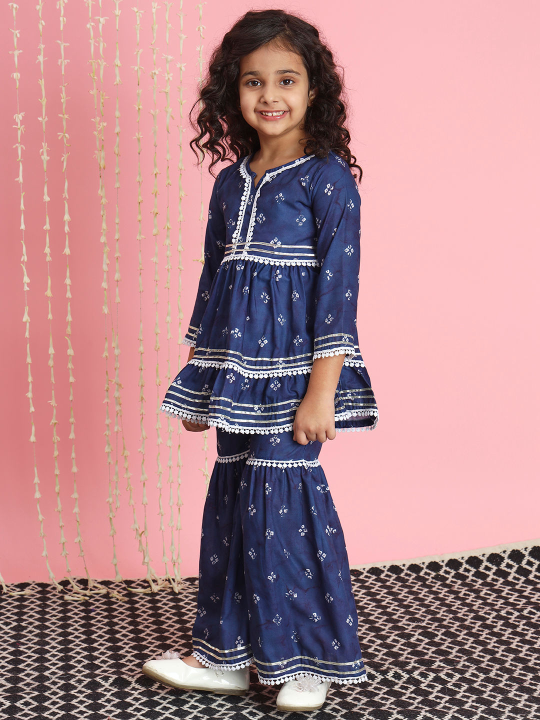 Frock Style Cotton Fabric Blue Color Kurti And Sharara