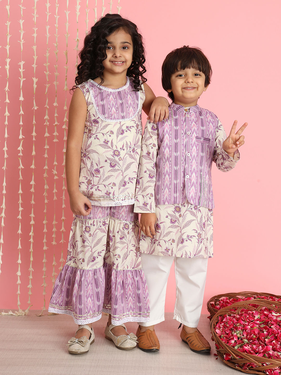 Straight Style Cotton Fabric Purple Color Kurti And Sharara