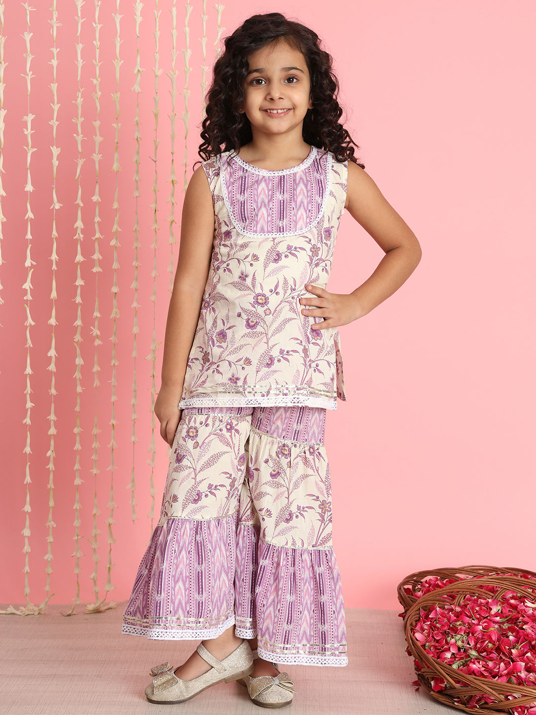 Straight Style Cotton Fabric Purple Color Kurti And Sharara