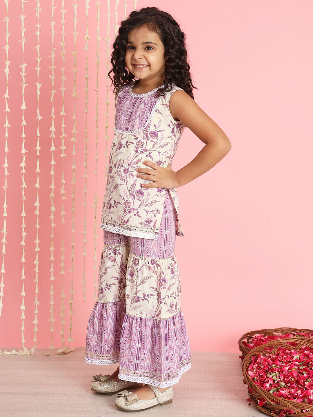 Straight Style Cotton Fabric Purple Color Kurti And Sharara
