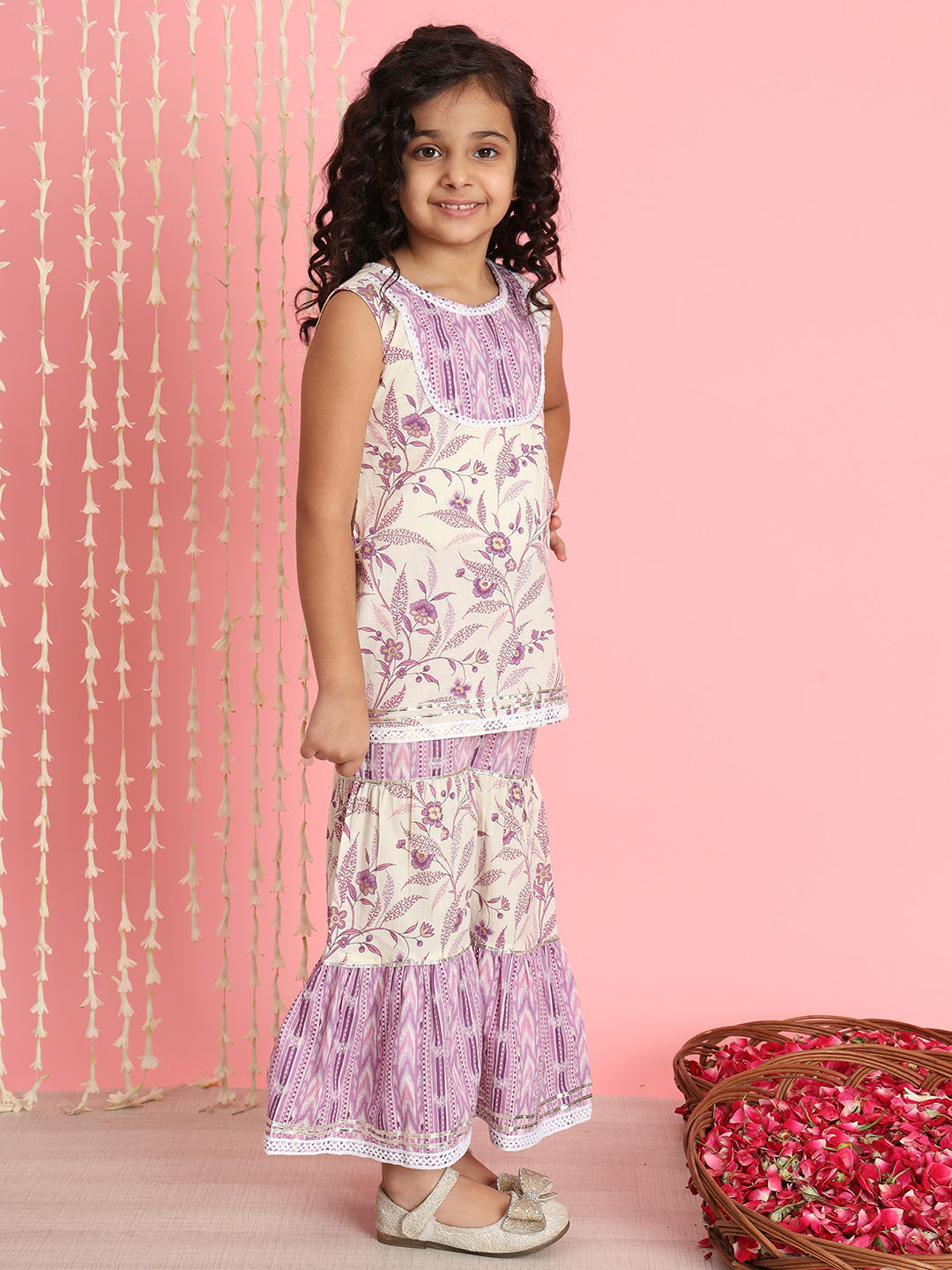 Straight Style Cotton Fabric Purple Color Kurti And Sharara