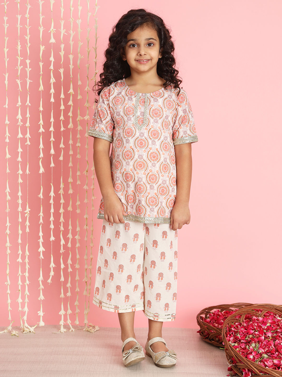 Straight Style Cotton Fabric Cream Color Kurti And Palazzo
