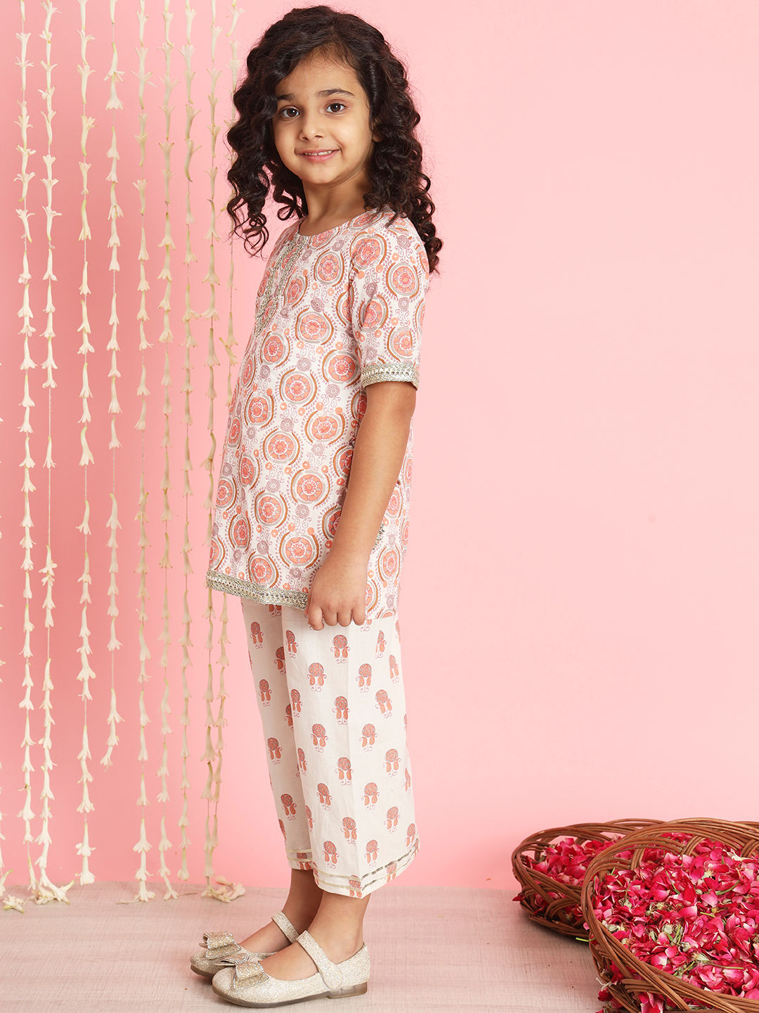 Straight Style Cotton Fabric Cream Color Kurti And Palazzo