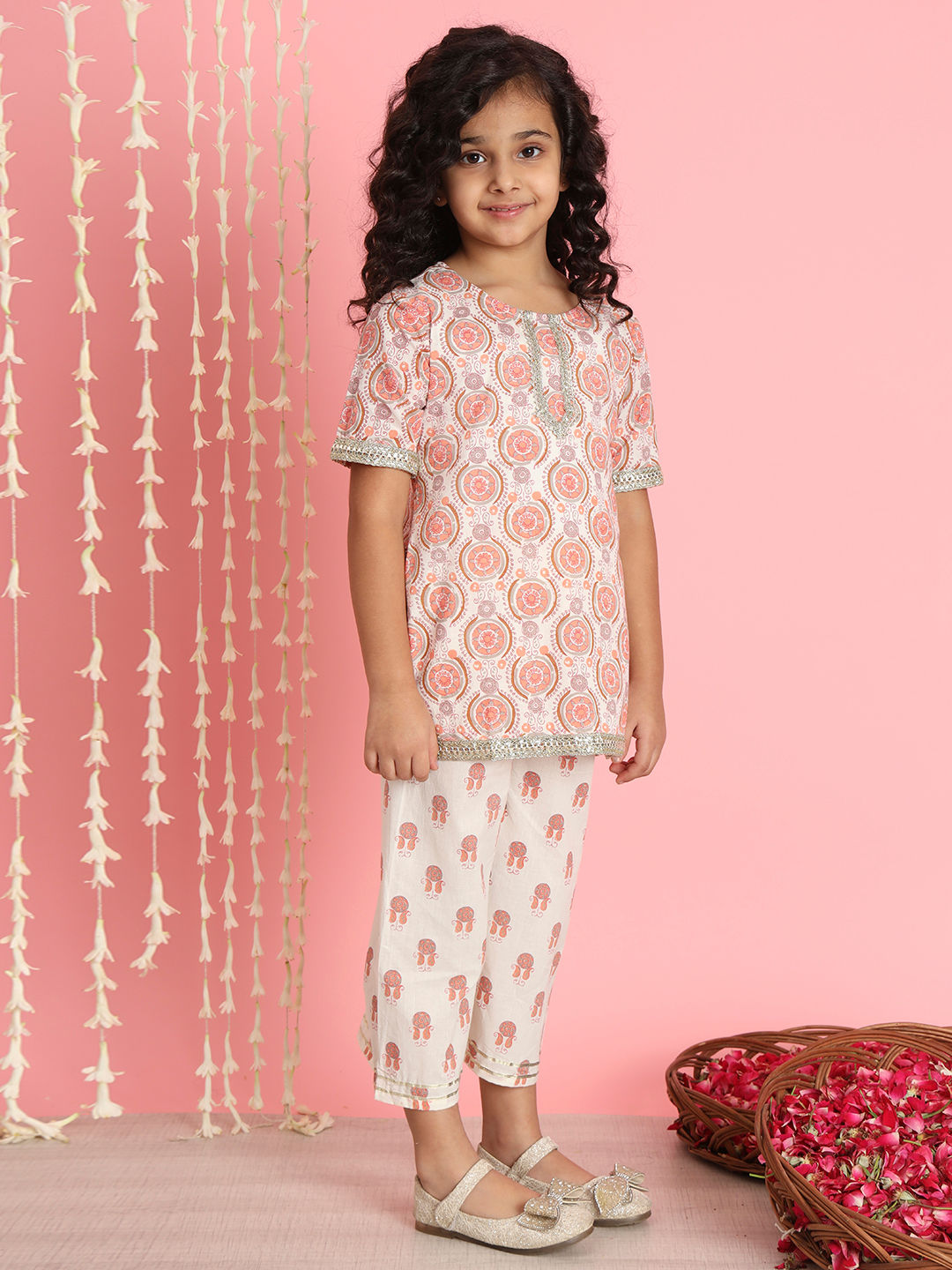 Straight Style Cotton Fabric Cream Color Kurti And Palazzo