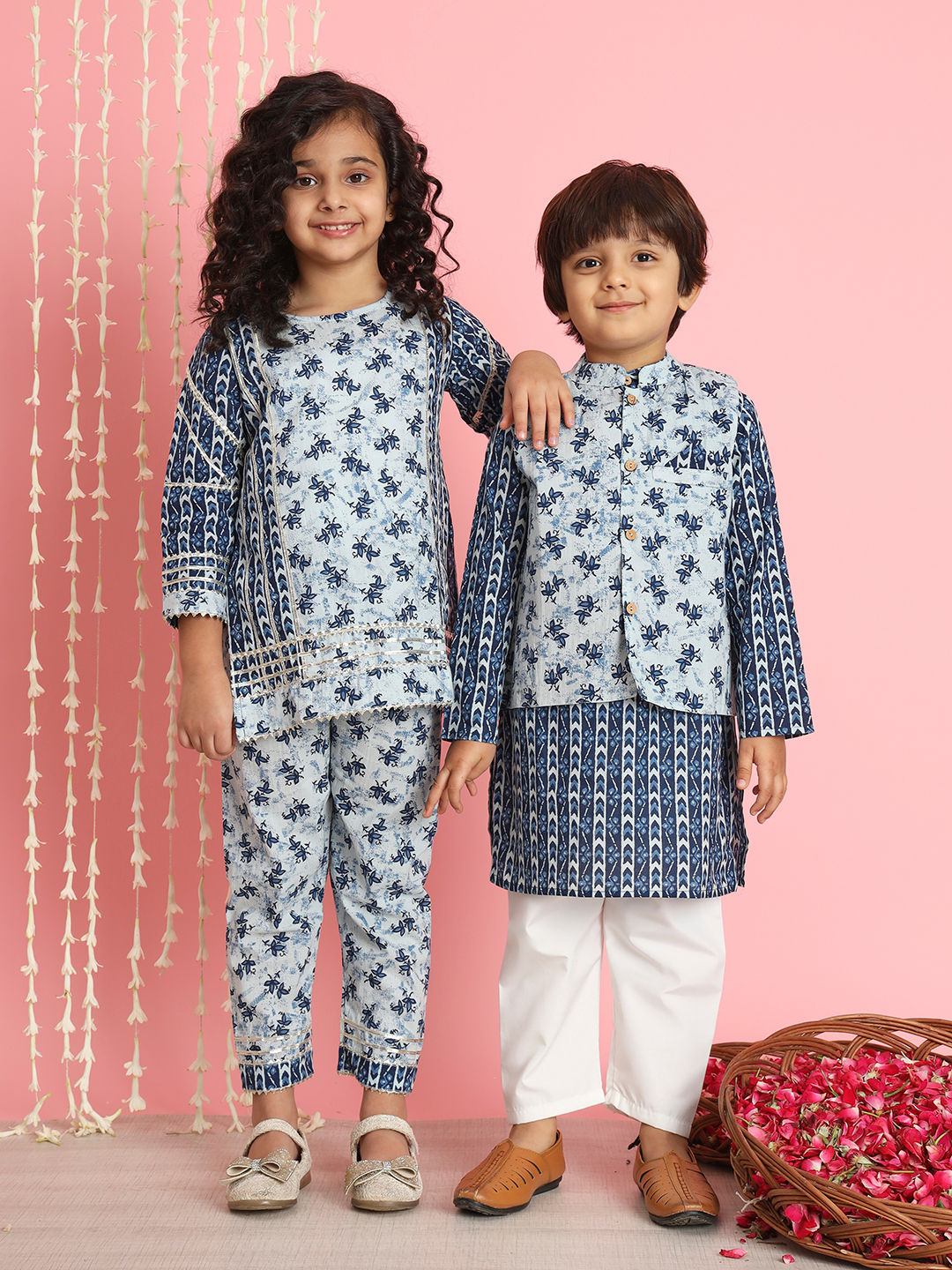 Straight Style Cotton Fabric Blue Color Kurti And Pyjama