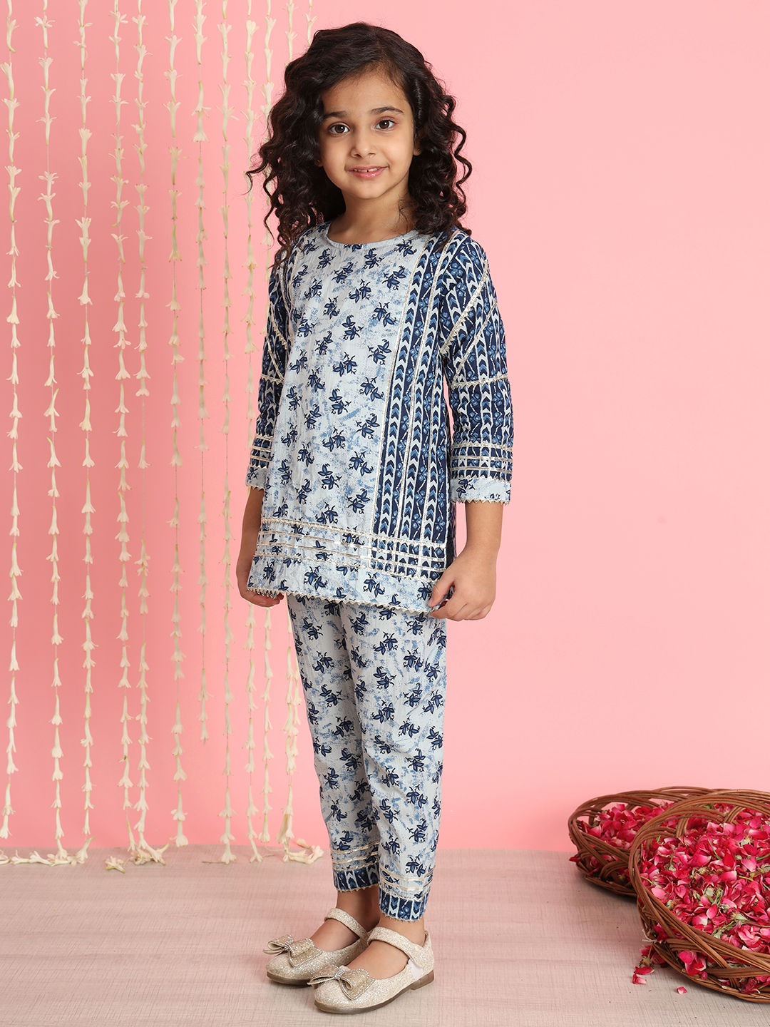 Straight Style Cotton Fabric Blue Color Kurti And Pyjama
