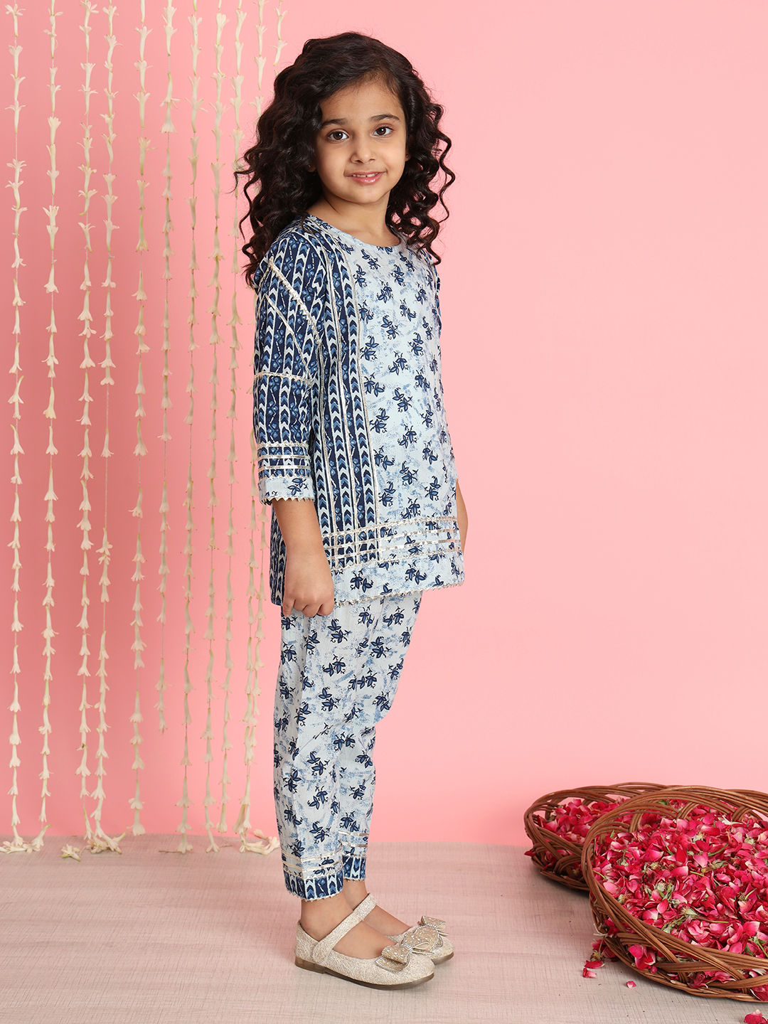 Straight Style Cotton Fabric Blue Color Kurti And Pyjama