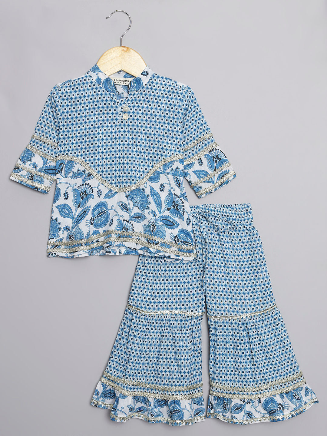 Frock Style Cotton Fabric Blue Color Kurti And Sharara