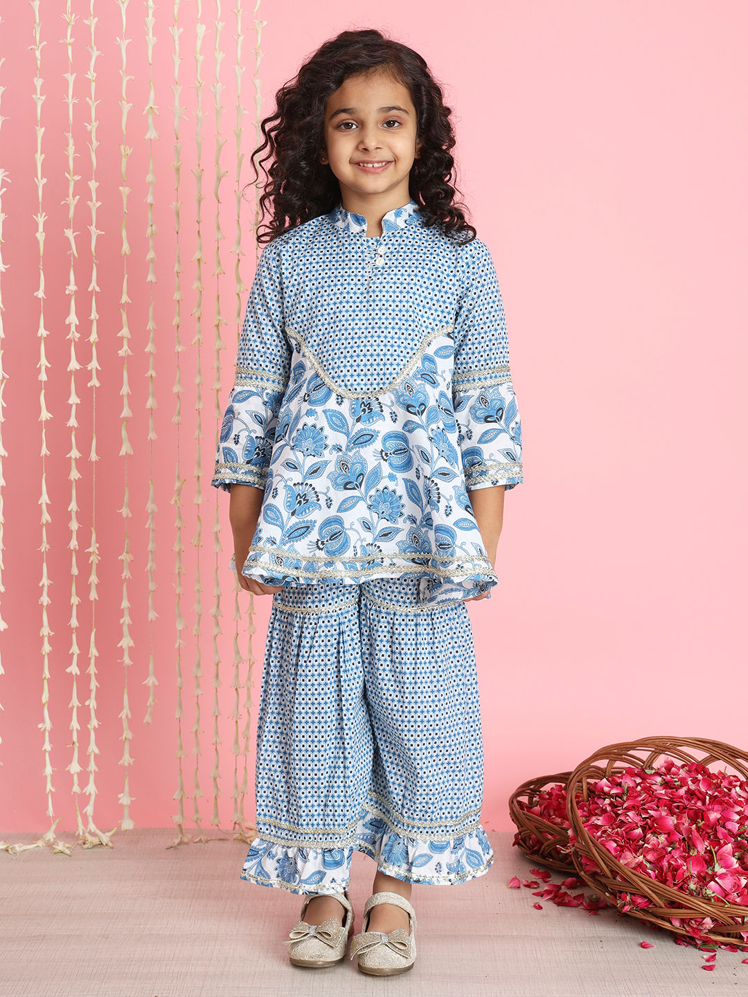 Frock Style Cotton Fabric Blue Color Kurti And Sharara
