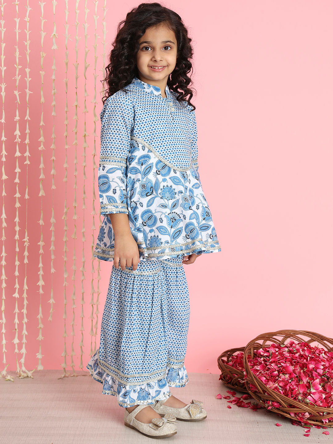 Frock Style Cotton Fabric Blue Color Kurti And Sharara