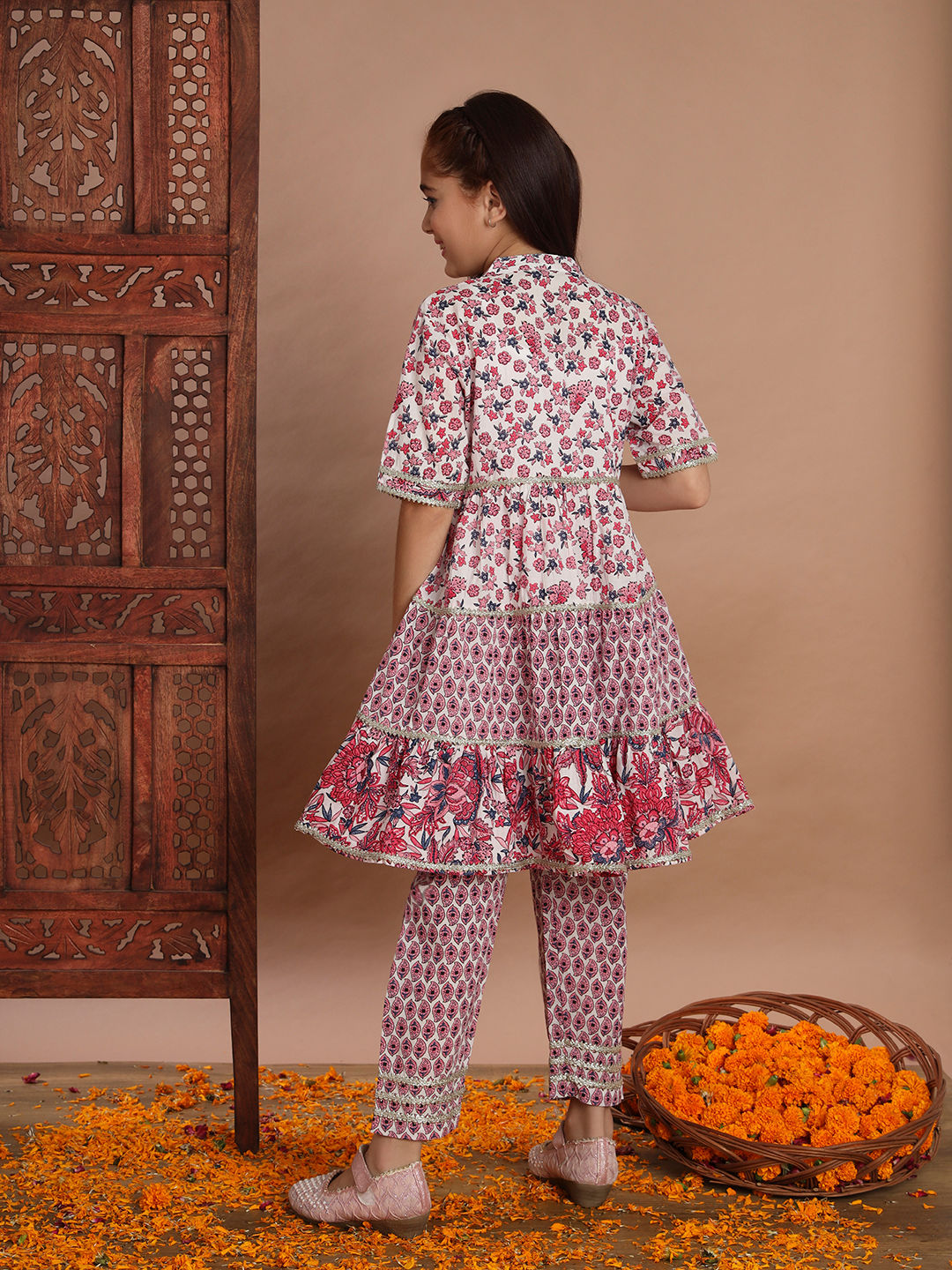 Frock Style Cotton Fabric Pink Color Kurti And Pyjama