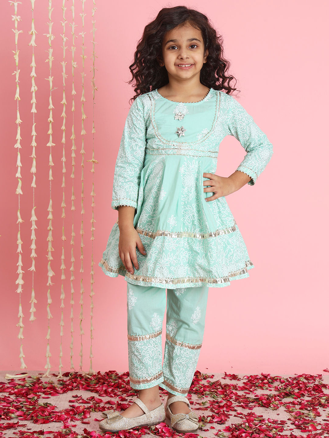Frock Style Cotton Fabric Green Color Kurti And Bottom