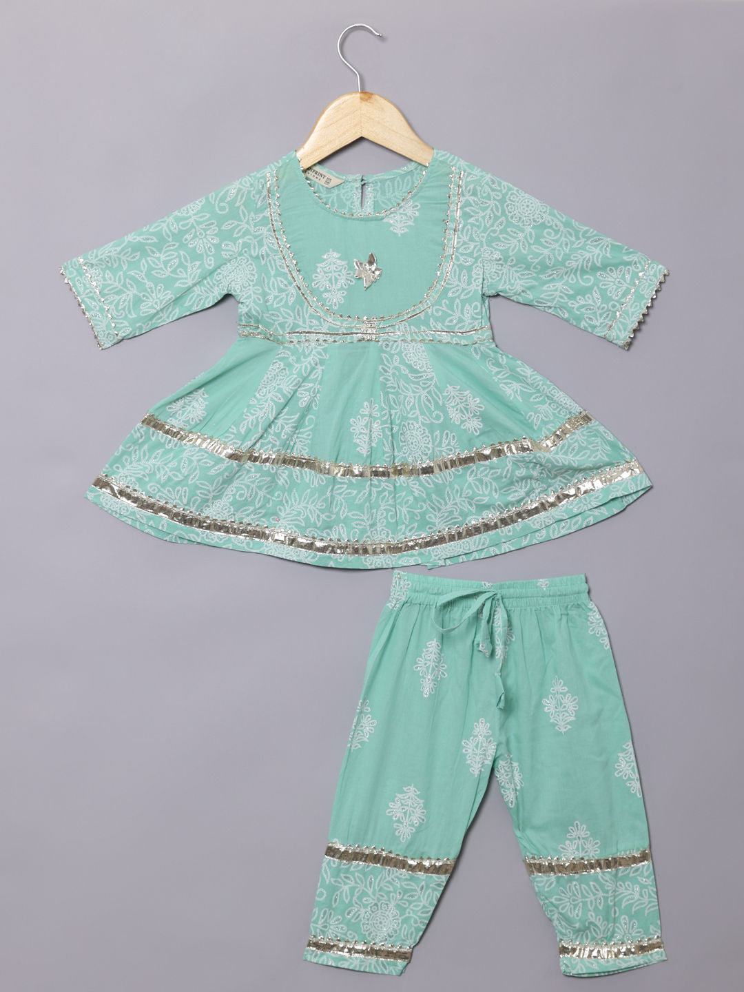Frock Style Cotton Fabric Green Color Kurti And Bottom