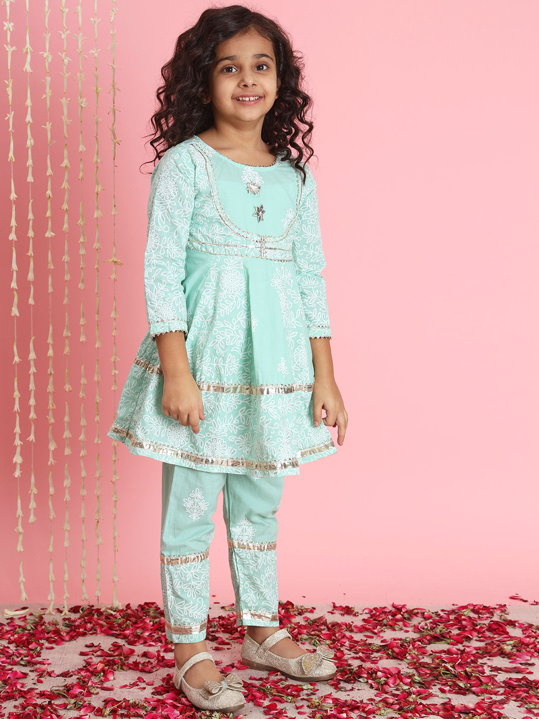 Frock Style Cotton Fabric Green Color Kurti And Bottom