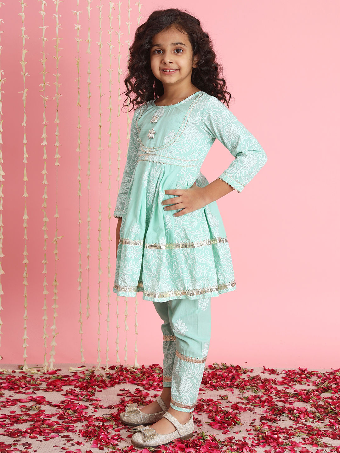Frock Style Cotton Fabric Green Color Kurti And Bottom