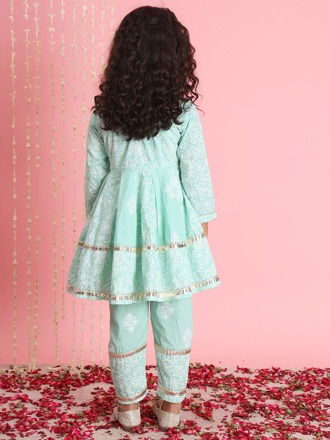 Frock Style Cotton Fabric Green Color Kurti And Bottom