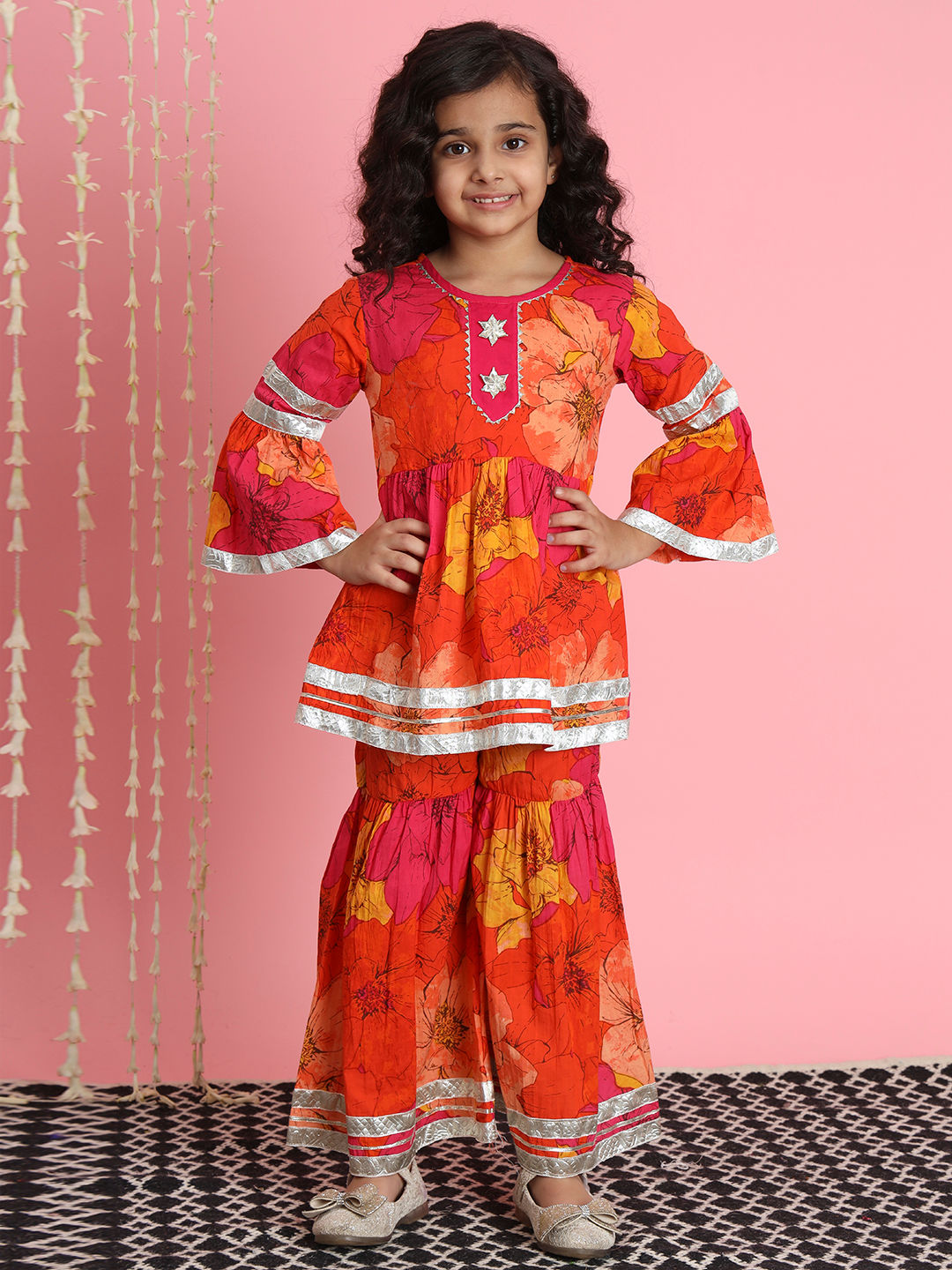 Frock Style Cotton Fabric Orange Color Kurti And Sharara