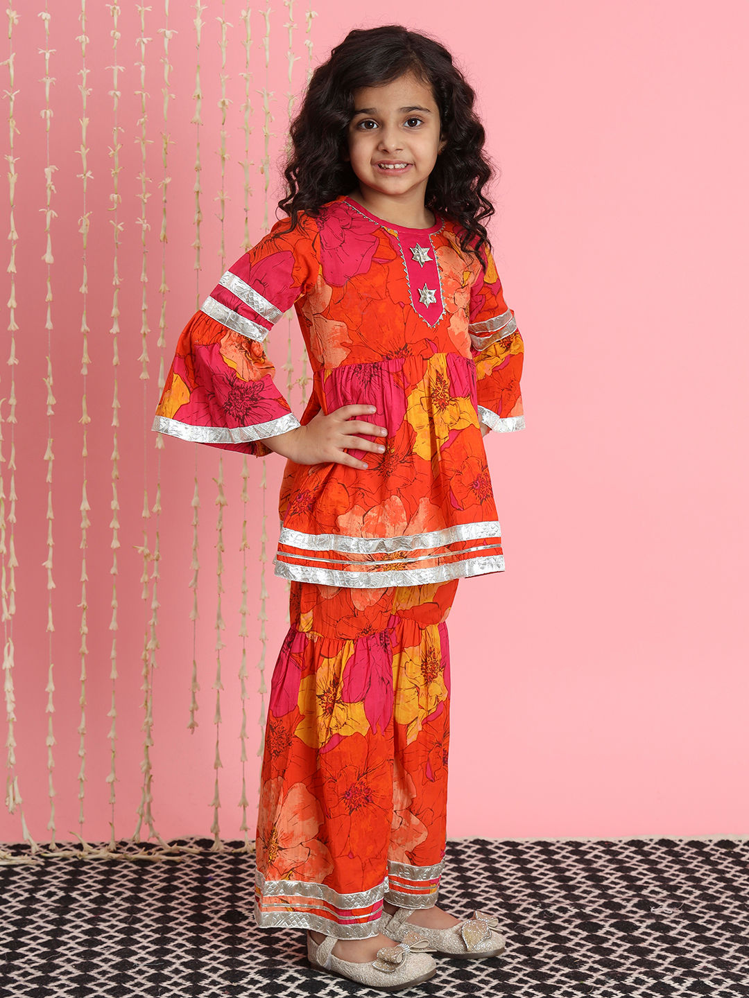 Frock Style Cotton Fabric Orange Color Kurti And Sharara