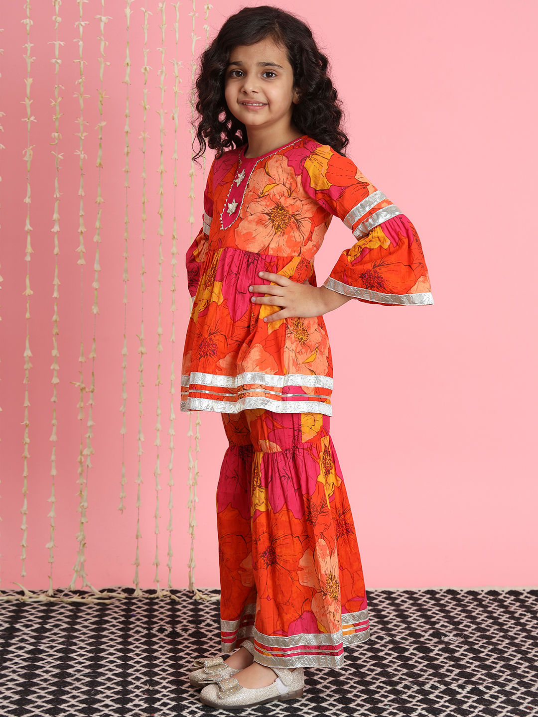Frock Style Cotton Fabric Orange Color Kurti And Sharara