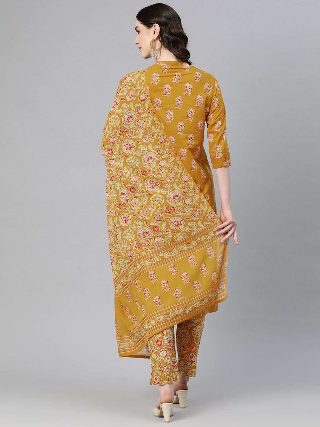 A-Line Style Cotton Fabric Mustard Color Kurti And Bottom & Dupatta