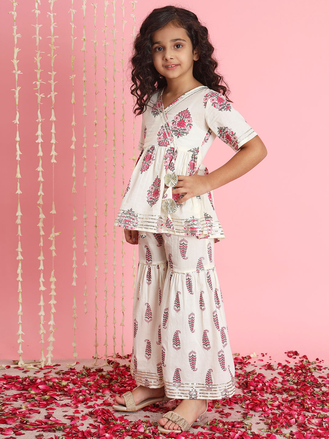 Frock Style Cotton Fabric Off White Color Kurti And Sharara