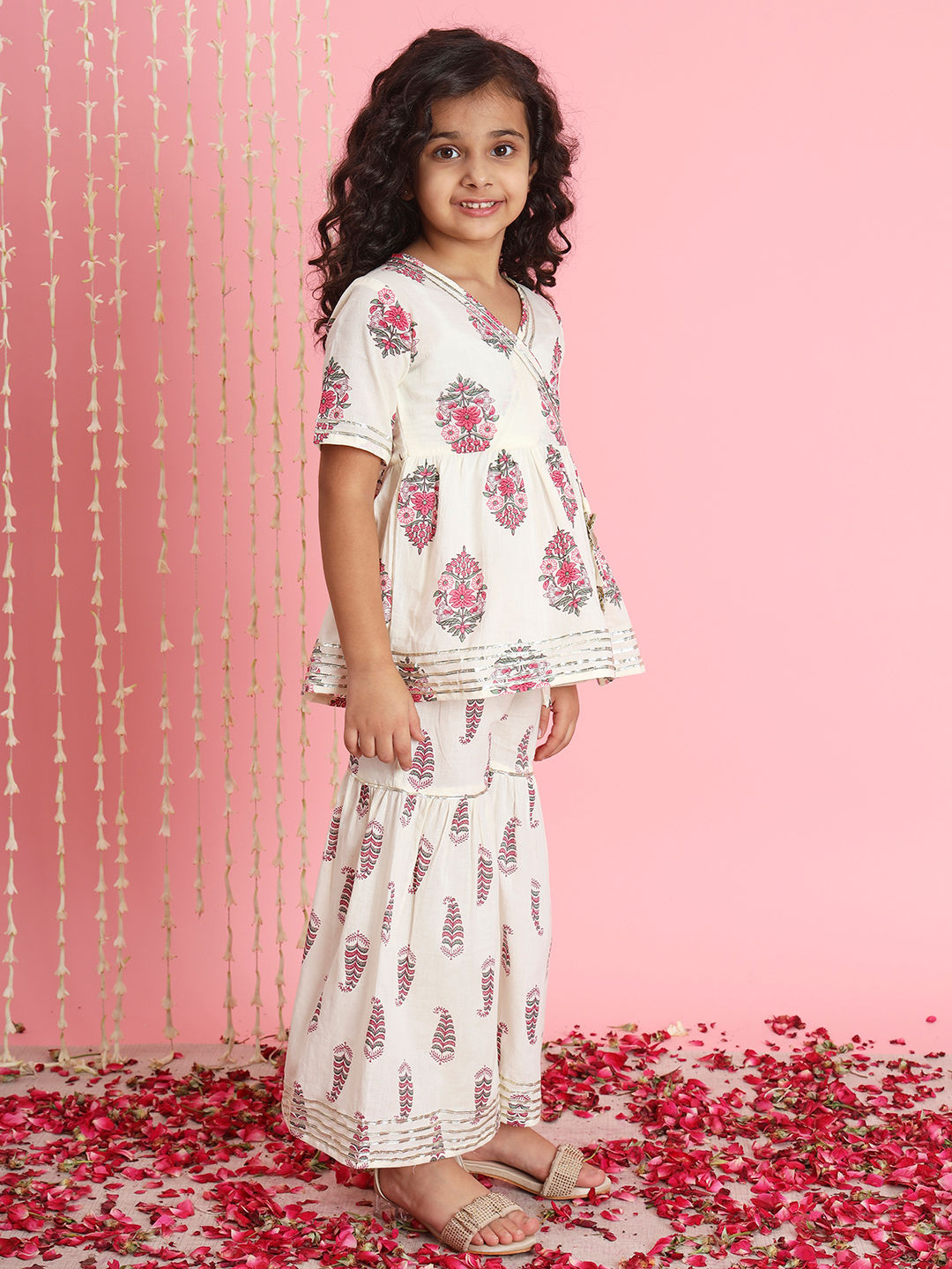 Frock Style Cotton Fabric Off White Color Kurti And Sharara