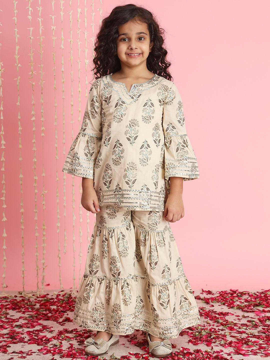 Straight Style Cotton Fabric Beige Color Kurti And Sharara