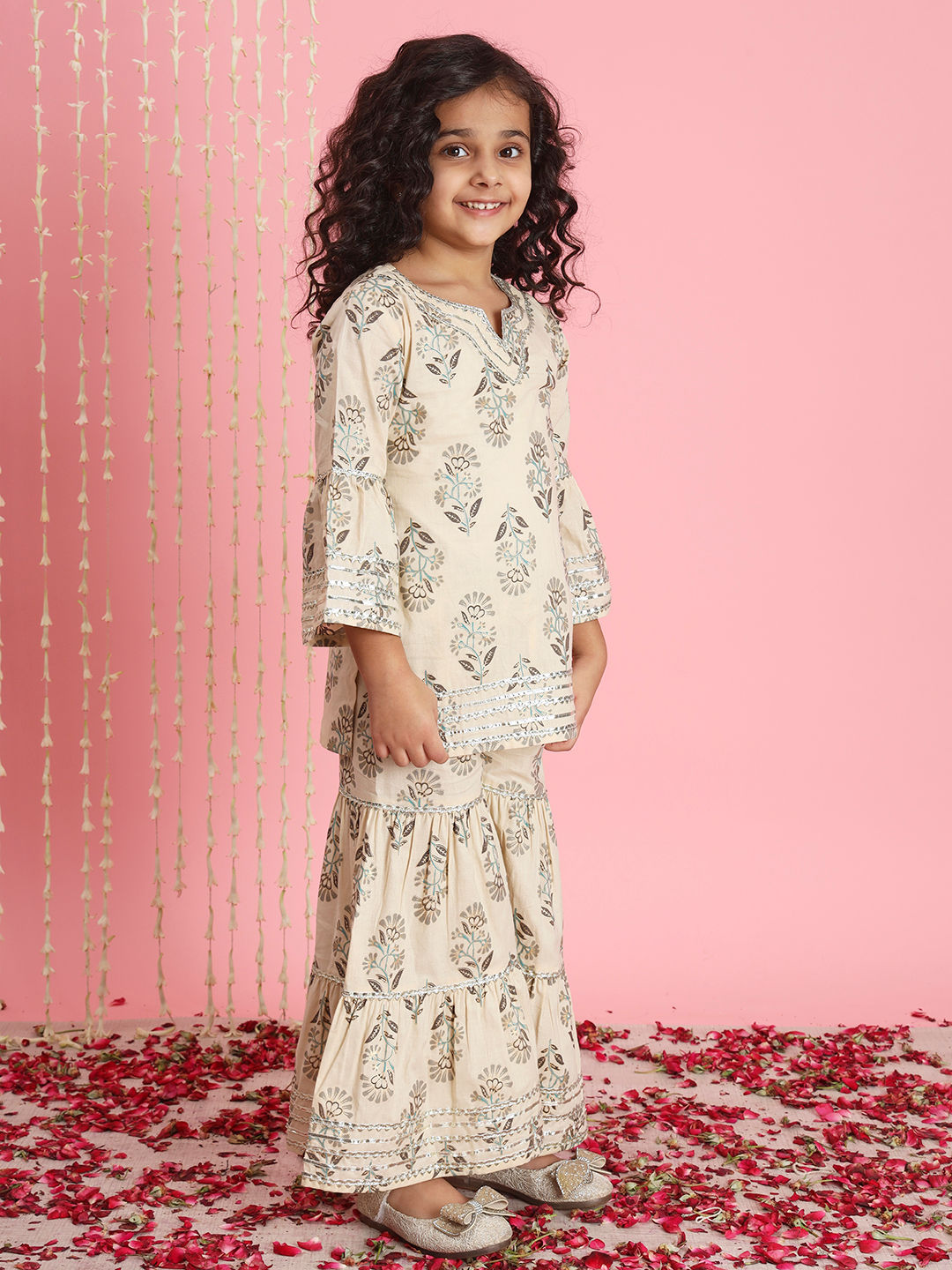 Straight Style Cotton Fabric Beige Color Kurti And Sharara