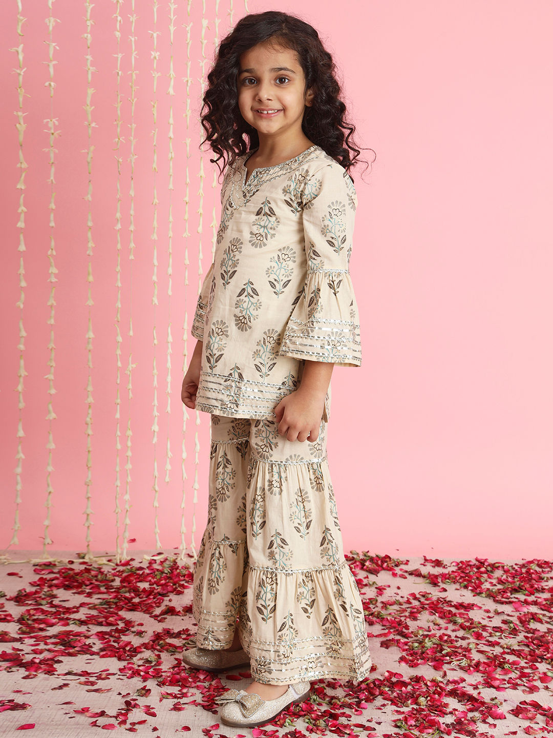 Straight Style Cotton Fabric Beige Color Kurti And Sharara