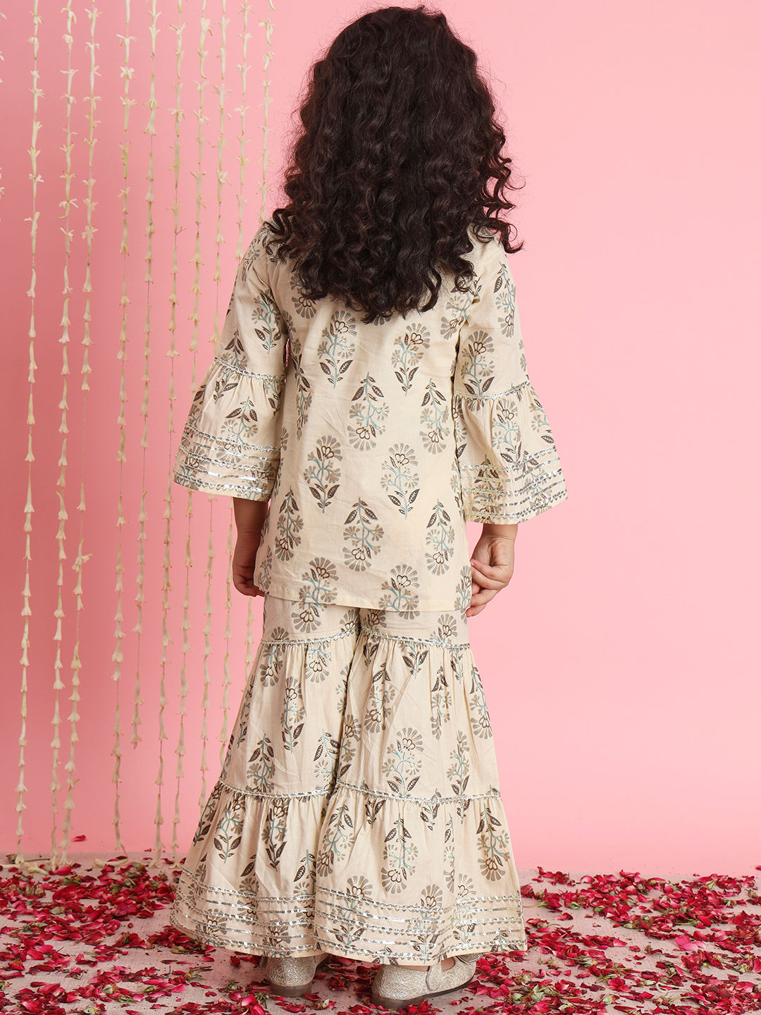 Straight Style Cotton Fabric Beige Color Kurti And Sharara