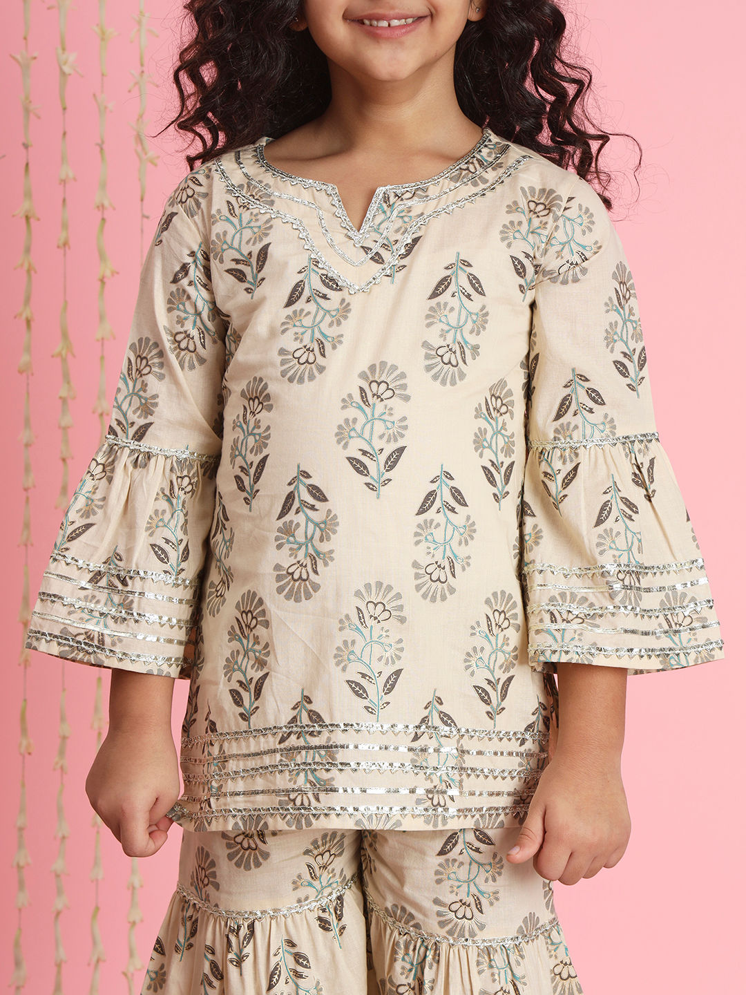 Straight Style Cotton Fabric Beige Color Kurti And Sharara