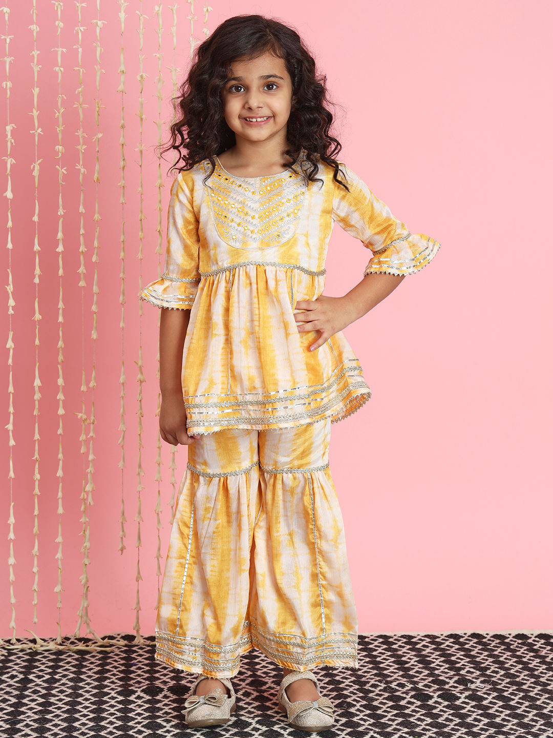Frock Style Silk Fabric Yellow Color Kurti And Sharara