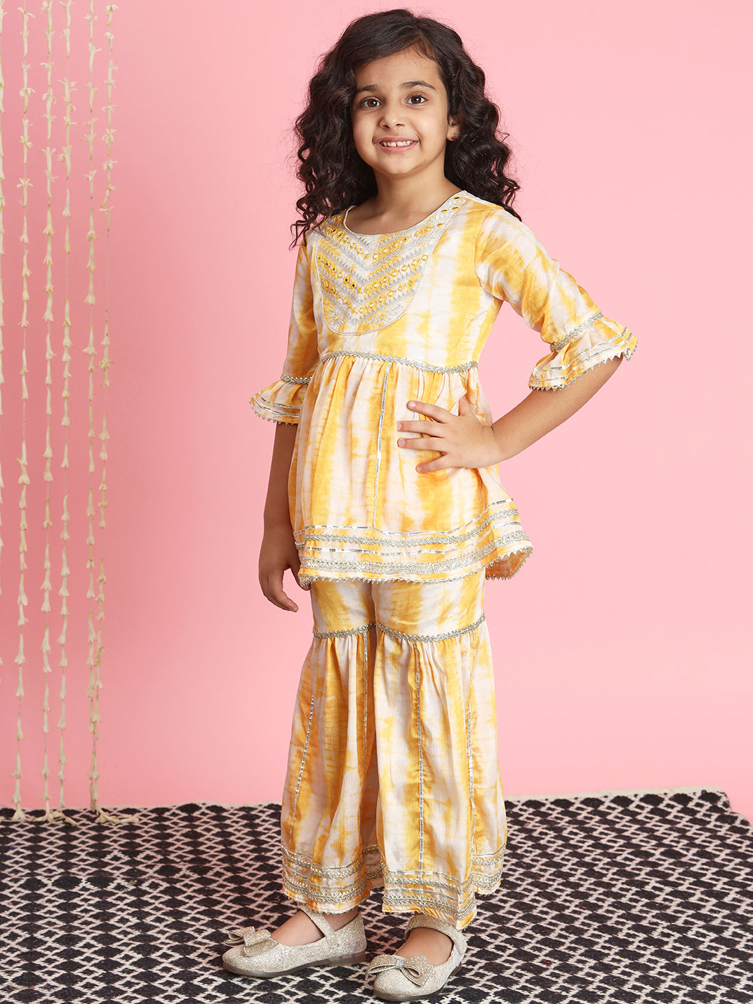 Frock Style Silk Fabric Yellow Color Kurti And Sharara